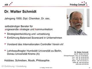Dr. Walter Schmidt
   Jahrgang 1950, Dipl. Chemiker, Dr. oec.


   selbständiger Berater für
   angewandte strategie und kommunikation:
   Strategieentwicklung und -umsetzung
   Einführung Balanced Scorecard in Unternehmen

   Vorstand des Internationalen Controller Verein eV

   Lehrbeauftragter Humboldt Universität zu Berlin,                         Dr. Walter Schmidt
     Donau Universität Krems (A)                                            ask Dr. Walter Schmidt
                                                              Schopenhauerstr. 93 k, D 14125 Berlin
                                                                         Fon +49 30 64 84 96 26
                                                                         Fax +49 30 64 84 96 27
  Hobbies: Schreiben, Musik, Philosophie                                 Mobil +49 172 318 40 11
                                                                          walter @ ask-schmidt.de
                                                                               www.ask-schmidt.de
01 Einführung / Vorstellung        © Friedag / Schmidt 2012                                           22
 