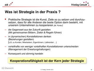 Was ist Strategie in der Praxis ?
   Praktische Strategie ist die Kunst, Ziele so zu setzen und durchzu-
      setzen, dass für alle Anderen die beste Option darin besteht, mit
      unserem Unternehmen zu kooperieren [M. Porter]:
  − die Gegenwart aus der Zukunft gestalten
      (Mit gemeinsamen Bildern, Zielen & Regeln führen)
  − in (dynamischen) Konstellationen denken
      (Beziehungen gestalten)
      [z.B. zu Kunden, Mitarbeitern, Eigentümern, Lieferanten …]
  − vorteilhafte von weniger vorteilhaften Konstellationen unterscheiden
      (Management der Erwartungshaltungen)
  − Konsequent und stimmig handeln

        Kooperationsfähigkeit ist der Kern jeder Strategie
        Kooperationsfähigkeit ist der Kern jeder Strategie
02 Übersicht                                © Friedag / Schmidt 2012       28
 