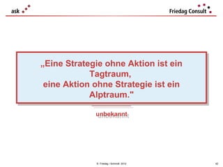 „Eine Strategie ohne Aktion ist ein
„Eine Strategie ohne Aktion ist ein
            Tagtraum,
             Tagtraum,
 eine Aktion ohne Strategie ist ein
 eine Aktion ohne Strategie ist ein
            Alptraum."
             Alptraum."
            ___________________
             ___________________

             unbekannt
             unbekannt




              © Friedag / Schmidt 2012   42
 