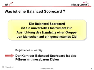 Was ist eine Balanced Scorecard ?


                         Die Balanced Scorecard
                         Die Balanced Scorecard
                  ist ein universelles Instrument zur
                   ist ein universelles Instrument zur
                Ausrichtung des Handelns einer Gruppe
                Ausrichtung des Handelns einer Gruppe
                von Menschen auf ein gemeinsames Ziel
                von Menschen auf ein gemeinsames Ziel



               Projektarbeit ist wichtig.

               Der Kern der Balanced Scorecard ist das
               Führen mit messbaren Zielen

02 Übersicht                           © Friedag / Schmidt 2012   46
 