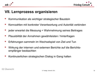 VII. Lernprozess organisieren
   Kommunikation als wichtiger strategischer Baustein
   Kennzahlen mit konkreter Verantwortung und Autorität verbinden
   jeder erwartet die Messung = Wahrnehmung seines Beitrages
   Plausibilität der Annahmen gewährleisten / hinterfragen
   Erfahrungen sammeln im Wechselspiel von Ziel und Tun
   Wirkung der internen und externen Berichte auf die Berichts-
      empfänger beobachten

   Kontinuierlichen strategischen Dialog in Gang halten


02 Übersicht                    © Friedag / Schmidt 2012             52
 