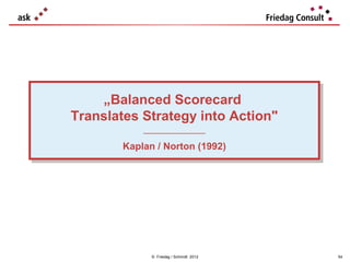 „Balanced Scorecard
     „Balanced Scorecard
Translates Strategy into Action"
Translates Strategy into Action"
           ___________________
            ___________________

       Kaplan //Norton (1992)
       Kaplan Norton (1992)




             © Friedag / Schmidt 2012   54
 