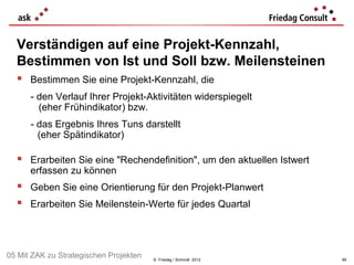 Verständigen auf eine Projekt-Kennzahl,
  Bestimmen von Ist und Soll bzw. Meilensteinen
   Bestimmen Sie eine Projekt-Kennzahl, die
      - den Verlauf Ihrer Projekt-Aktivitäten widerspiegelt
        (eher Frühindikator) bzw.
      - das Ergebnis Ihres Tuns darstellt
        (eher Spätindikator)

   Erarbeiten Sie eine "Rechendefinition", um den aktuellen Istwert
      erfassen zu können
   Geben Sie eine Orientierung für den Projekt-Planwert
   Erarbeiten Sie Meilenstein-Werte für jedes Quartal



05 Mit ZAK zu Strategischen Projekten   © Friedag / Schmidt 2012       99
 