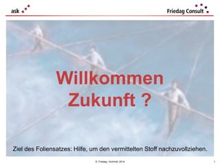 © Friedag / Schmidt 2014
Willkommen
Zukunft ?
1
Ziel des Foliensatzes: Hilfe, um den vermittelten Stoff nachzuvollziehen.
 