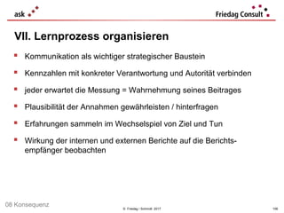 © Friedag / Schmidt 2017
 Kommunikation als wichtiger strategischer Baustein
 Kennzahlen mit konkreter Verantwortung und Autorität verbinden
 jeder erwartet die Messung = Wahrnehmung seines Beitrages
 Plausibilität der Annahmen gewährleisten / hinterfragen
 Erfahrungen sammeln im Wechselspiel von Ziel und Tun
 Wirkung der internen und externen Berichte auf die Berichts-
empfänger beobachten
VII. Lernprozess organisieren
106
08 Konsequenz
 