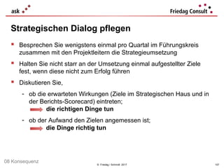 © Friedag / Schmidt 2017
 Besprechen Sie wenigstens einmal pro Quartal im Führungskreis
zusammen mit den Projektleitern die Strategieumsetzung
 Halten Sie nicht starr an der Umsetzung einmal aufgestellter Ziele
fest, wenn diese nicht zum Erfolg führen
 Diskutieren Sie,
- ob die erwarteten Wirkungen (Ziele im Strategischen Haus und in
der Berichts-Scorecard) eintreten;
die richtigen Dinge tun
- ob der Aufwand den Zielen angemessen ist;
die Dinge richtig tun
Strategischen Dialog pflegen
107
08 Konsequenz
 