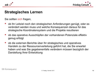 © Friedag / Schmidt 2017
Sie sollten sich fragen,
 ob Ihr Leitziel noch den strategischen Anforderungen genügt, oder es
verändert werden muss und welche Konsequenzen daraus für das
strategische Koordinatensystem und die Projekte resultieren
 ob das operative Ausschöpfen der vorhandenen Potenziale effektiv
genug erfolgt
 ob die externen Berichte über Ihr strategisches und operatives
Handeln zu der Ressourcenverteilung geführt hat, die Sie erwartet
haben und was Sie gegebenenfalls verändern müssen bezüglich der
Darstellung Ihrer Entwicklung
Strategisches Lernen
108
08 Konsequenz
 