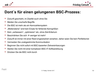 © Friedag / Schmidt 2017
 Zukunft geschieht, im Zweifel auch ohne Sie
 Meiden Sie unscharfe Begriffe
 Die BSC ist mehr als ein Kennzahlensystem
 „Meilensteine“ sind kein Ersatz für fehlende Kenngrößen
 Kein „verbessern“, „optimieren“ etc. ohne Ziel-Kriterium
 Beschränken Sie sich  weniger ist mehr!
 Zukunft ist immer mit einer Rest-Ungewissheit versehen, daher seien Sie kein Perfektionist
 Vermeiden Sie unabgestimmte Kommunikation
 Beginnen Sie nicht sofort mit BSC-basierten Zielvereinbarungen
 Starten Sie nicht mit einer komplexen BSC-IT-Softwarelösung
 Drücken Sie die BSC nicht durch
Dont´s für einen gelungenen BSC-Prozess:
Fazit 123
 