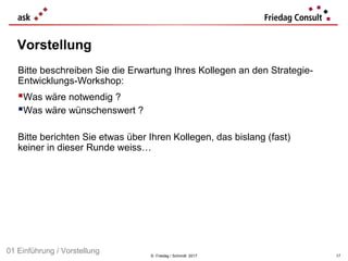 © Friedag / Schmidt 2017
Bitte beschreiben Sie die Erwartung Ihres Kollegen an den Strategie-
Entwicklungs-Workshop:
Was wäre notwendig ?
Was wäre wünschenswert ?
Bitte berichten Sie etwas über Ihren Kollegen, das bislang (fast)
keiner in dieser Runde weiss…
Vorstellung
01 Einführung / Vorstellung
17
 