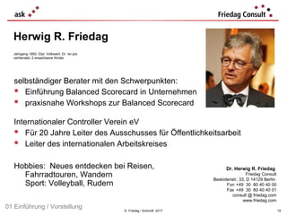 © Friedag / Schmidt 2017
selbständiger Berater mit den Schwerpunkten:
 Einführung Balanced Scorecard in Unternehmen
 praxisnahe Workshops zur Balanced Scorecard
Internationaler Controller Verein eV
 Für 20 Jahre Leiter des Ausschusses für Öffentlichkeitsarbeit
 Leiter des internationalen Arbeitskreises
Hobbies: Neues entdecken bei Reisen,
Fahrradtouren, Wandern
Sport: Volleyball, Rudern
Herwig R. Friedag
Dr. Herwig R. Friedag
Friedag Consult
Beskidenstr. 33, D 14129 Berlin
Fon +49 30 80 40 40 00
Fax +49 30 80 40 40 01
consult @ friedag.com
www.friedag.com
Jahrgang 1950, Dipl. Volkswirt, Dr. rer.pol.
verheiratet, 2 erwachsene Kinder
01 Einführung / Vorstellung
19
 