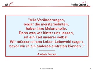 © Friedag / Schmidt 2017
"Alle Veränderungen,
sogar die meistersehnten,
haben ihre Melancholie.
Denn was wir hinter uns lassen,
ist ein Teil unserer selbst.
Wir müssen einem Leben Lebewohl sagen,
bevor wir in ein anderes eintreten können.."
___________________
Anatole France
29
 