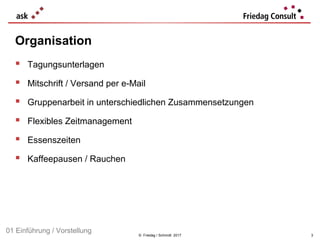 © Friedag / Schmidt 2017
 Tagungsunterlagen
 Mitschrift / Versand per e-Mail
 Gruppenarbeit in unterschiedlichen Zusammensetzungen
 Flexibles Zeitmanagement
 Essenszeiten
 Kaffeepausen / Rauchen
Organisation
01 Einführung / Vorstellung
3
 