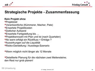 © Friedag / Schmidt 2017
Kein Projekt ohne
Projektziel
Verantwortliche (Kümmerer, Macher, Pate)
Erwartete Projektkosten
Zeitlicher Aufwand
Erwartete Fertigstellung bis …
Projektkennzahl mit Plan und Ist (nach Quartalen)
Ab wann erfolgt ein Rückfluss = Erträge ?
Auswirkungen auf die Liquidität
Risiko-Darstellung / Ausstiegs-Szenario
Wenn möglich nicht länger als 12 Monate
Detaillierte Planung für die nächsten zwei Meilensteine;
den Rest nur grob planen!
Strategische Projekte - Zusammenfassung
84
06 Umsetzung
 