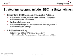 © Friedag / Schmidt 2017
 Beleuchtung der Umsetzung strategischer Arbeiten
− Werden unsere strategischen Projekte zielführend umgesetzt ?
 Überprüfung der Maßnahmen
 Wirksamkeitsprüfung
- Welche Auswirkungen auf die strategischen Ziele zeigen sich ?
 Überprüfung der Strategie
 Prämissenbetrachtung
- Haben wir die richtigen Prämissen angesetzt ?
 Überprüfung der Ausgangsdaten / -informationen / -sichten
Strategieumsetzung mit der BSC im Unternehmen
103
08 Konsequenz
 
