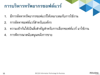 การบริหารทรัพยากรซอฟต์แวร์
BSC202 Information Technology for Business16
1. มีการจัดหาทรัพยากรซอฟแวร์ให้เหมาะสมกับการใช้งาน
2. การจัดหาซอฟต์แวร์สาหรับองค์กร
3. ความเข้ากันได้เป็นสิ่งสาคัญสาหรับการเลือกซอฟต์แวร์ มาใช้งาน
4. การพิจารณาสนับสนุนหลังการขาย
 