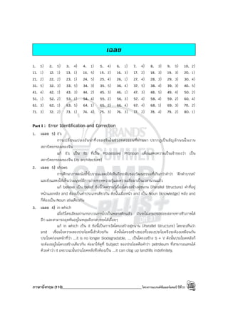 ภาษาอังกฤษ (110)____________________________________________โครงการแบรนด์ซัมเมอร์แคมป์ ปีที่31
เฉลย
1. 5) 2. 5) 3. 4) 4. 1) 5. 4) 6. 1) 7. 4) 8. 3) 9. 5) 10. 2)
11. 1) 12. 1) 13. 1) 14. 5) 15. 2) 16. 3) 17. 2) 18. 3) 19. 3) 20. 1)
21. 2) 22. 2) 23. 1) 24. 5) 25. 4) 26. 1) 27. 4) 28. 3) 29. 3) 30. 4)
31. 5) 32. 3) 33. 5) 34. 3) 35. 5) 36. 4) 37. 5) 38. 4) 39. 3) 40. 5)
41. 4) 42. 1) 43. 3) 44. 2) 45. 3) 46. 1) 47. 3) 48. 5) 49. 4) 50. 2)
51. 1) 52. 2) 53. 1) 54. 4) 55. 2) 56. 3) 57. 4) 58. 4) 59. 2) 60. 4)
61. 3) 62. 1) 63. 5) 64. 1) 65. 2) 66. 4) 67. 4) 68. 1) 69. 3) 70. 2)
71. 3) 72. 2) 73. 1) 74. 4) 75. 3) 76. 3) 77. 2) 78. 4) 79. 2) 80. 1)
Part I : Error Identification and Correction
1. เฉลย 5) it’s
การเปลี่ยนแปลงอันน่าทึ่งของจีนในช่วงทศวรรษที่ผ่านมา ปรากฏเป็นสัญลักษณ์ในงาน
สถาปัตยกรรมของจีน
แก้ it’s เป็น its ที่เป็น Possessive Pronoun เพื่อแสดงความเป็นเจ้าของว่า เป็น
สถาปัตยกรรมของจีน (its architecture)
2. เฉลย 5) shows
การศึกษาภาพผนังถ้ําโบราณแสดงให้เห็นถึงระดับของวัฒนธรรมที่เกินกว่าคําว่า ‘ดึกดําบรรพ์’
และยังแสดงให้เห็นว่ามนุษย์มีการถ่ายทอดความรู้และความเชื่อมาเป็นเวลานานแล้ว
แก้ believe เป็น belief ข้อนี้วัดความรู้เรื่องโครงสร้างคู่ขนาน (Parallel Structure) คําที่อยู่
หน้าและหลัง and ต้องเป็นคําประเภทเดียวกัน ดังนั้นเมื่อหน้า and เป็น Noun (knowledge) หลัง and
ก็ต้องเป็น Noun เช่นเดียวกัน
3. เฉลย 4) in which
เมื่อปิโตรเลียมผ่านกระบวนการไปเป็นพลาสติกแล้ว มันจะไม่สามารถย่อยสลายทางชีวภาพได้
อีก และสามารถอุดตันอยู่ในหลุมฝังกลบขยะได้เรื่อยๆ
แก้ in which เป็น it ข้อนี้เป็นการวัดโครงสร้างคู่ขนาน (Parallel Structure) โดยจะเห็นว่า
and เชื่อมใจความสองประโยคนี้เข้าด้วยกัน ดังนั้นโครงสร้างของทั้งสองประโยคจึงจะต้องเหมือนกัน
ประโยคก่อนหน้าที่ว่า ...it is no longer biodegradable, ... เป็นโครงสร้าง S + V ดังนั้นประโยคหลังก็
จะต้องอยู่ในโครงสร้างเดียวกัน ต่อมาให้ดูที่ Subject ของประโยคคือคําว่า petroleum ที่สามารถแทนได้
ด้วยคําว่า it เพราะฉะนั้นประโยคหลังจึงต้องเป็น ...it can clog up landfills indefinitely.
 