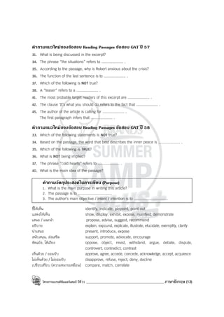 โครงการแบรนด์ซัมเมอร์แคมป์ ปีที่31 ____________________________________________ ภาษาอังกฤษ (13)
คําถามแนวใหมของขอสอบ Reading Passages ขอสอบ GAT ป 57
31. What is being discussed in the excerpt?
34. The phrase “the situations” refers to .................... .
35. According to the passage, why is Robert anxious about the crisis?
36. The function of the last sentence is to .................... .
37. Which of the following is NOT true?
38. A “teaser” refers to a .................... .
41. The most probable target readers of this excerpt are .................... .
42. The clause ‘It’s what you should do refers to the fact that .................... .
45. The author of the article is calling for .................... .
The first paragraph infers that .................... .
คําถามแนวใหมของขอสอบ Reading Passages ขอสอบ GAT ป 58
33. Which of the following statements is NOT true?
34. Based on the passage, the word that best describes the inner peace is .................... .
35. Which of the following is TRUE?
36. What is NOT being implied?
37. The phrase “cold hearts” refers to .................... .
40. What is the main idea of the passage?
คําถามวัตถุประสงคในการเขียน (Purpose)
1. What is the main purpose in writing this article?
2. The passage is to ...............................
3. The author’s main objective / intent / intention is to ...............................
ชี้ให้เห็น identify, indicate, pinpoint, point out
แสดงให้เห็น show, display, exhibit, expose, manifest, demonstrate
เสนอ / แนะนํา propose, advise, suggest, recommend
อธิบาย explain, expound, explicate, illustrate, elucidate, exemplify, clarify
นําเสนอ present, introduce, expose
สนับสนุน, ส่งเสริม support, promote, advocate, encourage
ขัดแย้ง, โต้เถียง oppose, object, resist, withstand, argue, debate, dispute,
controvert, contradict, contrast
เห็นด้วย / ยอมรับ approve, agree, accede, concede, acknowledge, accept, acquiesce
ไม่เห็นด้วย / ไม่ยอมรับ disapprove, refuse, reject, deny, decline
เปรียบเทียบ (ความหมายเหมือน) compare, match, correlate
 