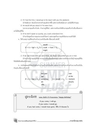 โครงการแบรนด์ซัมเมอร์แคมป์ ปีที่31 ___________________________________________ภาษาอังกฤษ (167)
1) If I had the time. I would go to the beach with you this weekend.
(ถ้าฉันมีเวลา ฉันจะไปชายหาดกับคุณสัปดาห์นี้) แต่ความจริงฉันไม่เวลา เลยไม่ได้ไปกับคุณ
2) He would tell you about it if he were here.
(เขาจะบอกคุณเกี่ยวกับมัน ถ้าเขาอยู่ที่นั่น) แต่ความจริงเขาไม่ได้บอกคุณเกี่ยวกับเรื่องนั้นเพราะ
เขาไม่ได้อยู่ที่นั่น
3) If he didn’t speak so quickly, you could understand him.
(ถ้าเขาไม่พูดเร็วมากคุณสามารถเข้าใจเขา) แต่เขาพูดเร็วมากคุณจึงไม่สามารถเข้าใจได้
4. ใช้กับเหตุการณ์ที่ตรงข้ามกับความจริงในอดีต มีโครงสร้างดังนี้
would
If + S + had + V3, S + could + have + V3
might
1) If we had known that you were there, we would have written you an e-mail.
(ถ้าพวกเรารู้ว่าคุณอยู่ที่นั่น พวกเราจะเขียนอีเมลไปหาคุณ) แต่ความจริงพวกเราไม่รู้ว่าคุณอยู่ที่นั่น
จึงไม่ได้เขียนอีเมลไปหาคุณ
5. ประโยคสมมุติที่ตรงกันข้ามกับความเป็นจริงในอดีต แต่ผลการกระทําตรงข้ามกับความเป็นจริงใน
ปัจจุบัน มีโครงสร้างดังนี้
last year now
ago at the
If + S + had + V3 + yesterday, S + would + V1 + moment
etc ปัจจุบัน
อดีต
สูตรลัด!!! เพลง ฉันรัก If ทํานองเพลง “Happy Birthday”
If you come, I will go.
If you came, I would go.
If you had come, I would have gone. นี่คือ If-Clauses ไง
 