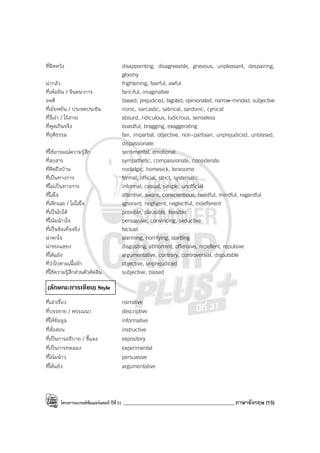 โครงการแบรนด์ซัมเมอร์แคมป์ ปีที่31 ____________________________________________ ภาษาอังกฤษ (15)
ที่ผิดหวัง disappointing, disagreeable, grievous, unpleasant, despairing,
gloomy
น่ากลัว frightening, fearful, awful
ที่เพ้อฝัน / จินตนาการ fanciful, imaginative
อคติ biased, prejudiced, bigoted, opinionated, narrow-minded, subjective
ที่เย้ยหยัน / ประชดประชัน ironic, sarcastic, satirical, sardonic, cynical
ที่งี่เง่า / ไร้สาระ absurd, ridiculous, ludicrous, senseless
ที่พูดเกินจริง boastful, bragging, exaggerating
ที่ยุติธรรม fair, impartial, objective, non-partisan, unprejudiced, unbiased,
dispassionate
ที่ใช้อารมณ์ความรู้สึก sentimental, emotional
ที่สงสาร sympathetic, compassionate, considerate
ที่คิดถึงบ้าน nostalgic, homesick, lonesome
ที่เป็นทางการ formal, official, strict, systematic
ที่ไม่เป็นทางการ informal, casual, simple, unofficial
ที่ใส่ใจ attentive, aware, conscientious, heedful, mindful, regardful
ที่เพิกเฉย / ไม่ใส่ใจ ignorant, negligent, neglectful, indefferent
ที่เป็นไปได้ possible, plausible, feasible
ที่โน้มน้าวใจ persuasive, convincing, seductive
ที่เป็นข้อเท็จจริง factual
น่าตกใจ alarming, horrifying, startling
น่าขยะแขยง disgusting, abhorrent, offensive, repellent, repulsive
ที่โต้แย้ง argumentative, contrary, controversial, disputable
ที่ว่าไปตามเนื้อผ้า objective, unprejudiced
ที่ใช้ความรู้สึกส่วนตัวตัดสิน subjective, biased
(ลักษณะการเขียน) Style
ที่เล่าเรื่อง narrative
ที่บรรยาย / พรรณนา descriptive
ที่ให้ข้อมูล informative
ที่สั่งสอน instructive
ที่เป็นการอธิบาย / ชี้แจง expository
ที่เป็นการทดลอง experimental
ที่โน้มน้าว persuasive
ที่โต้แย้ง argumentative
 