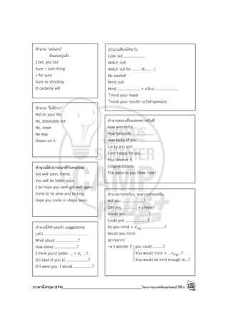 ภาษาอังกฤษ (174)____________________________________________โครงการแบรนด์ซัมเมอร์แคมป์ ปีที่31
สํานวน “แน่นอน”
มันแน่อยู่แล้ว
I bet, you bet
Sure = sure thing
= for sure
Sure as shooting
It certainly will
สํานวน “ไม่มีทาง”
Not on your life
No, absolutely not
No, never
No way
Dream on it
สํานวนใช้ปรารถนาดีกับคนป่วย
Get well soon, friend.
You will be better soon.
I do hope you soon get well again
Come to be alive and kicking.
Hope you come in shape soon.
สํานวนให้คําแนะนํา suggestions
Let’s ......................................
What about ....................?
How about ....................?
I think you’d better ... + V1 ...?
It’s best of you to ....................?
If I were you, I would .................?
สํานวนเตือนให้ระวัง
Look out ....................
Watch out!
Watch out for .........N.........!
Be careful!
Mind out!
Mind .................... + อวัยวะ ....................
*mind your head!
*mind your mouth! ระวังคําพูดหน่อย
สํานวนตอบเมื่อแสดงความยินดี
How wonderful.
How fortunate ....................
How lucky of you ....................
Lucky you are!
I am happy for you.
You deserve it.
Congratulations
The same to you (New Year)
สํานวนการขอร้อง, ขอความช่วยเหลือ
Will you ....................?
Can you………… + please?
Would you ....................?
Could you ....................?
Do you mind + Ving ....................?
Would you mind
สุภาพมากๆ
→ I wonder if you could .........?
You would mind + ...Ving...?
You would be kind enough to...?
 
