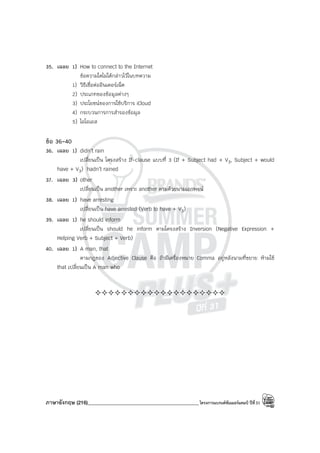 ภาษาอังกฤษ (216)____________________________________________โครงการแบรนด์ซัมเมอร์แคมป์ ปีที่31
35. เฉลย 1) How to connect to the Internet
ข้อความใดไม่ได้กล่าวไว้ในบทความ
1) วิธีเชื่อต่ออินเตอร์เน็ต
2) ประเภทของข้อมูลต่างๆ
3) ประโยชน์ของการใช้บริการ iCloud
4) กระบวนการการสํารองข้อมูล
5) ไอโอเอส
ข้อ 36-40
36. เฉลย 1) didn’t rain
เปลี่ยนเป็น โครงสร้าง If-clause แบบที่ 3 (If + Subject had + V3, Subject + would
have + V3) hadn’t rained
37. เฉลย 3) other
เปลี่ยนเป็น another เพราะ another ตามด้วยนามเอกพจน์
38. เฉลย 1) have arresting
เปลี่ยนเป็น have arrested (Verb to have + V3)
39. เฉลย 1) he should inform
เปลี่ยนเป็น should he inform ตามโครงสร้าง Inversion (Negative Expression +
Helping Verb + Subject + Verb)
40. เฉลย 1) A man, that
ตามกฎของ Adjective Clause คือ ถ้ามีเครื่องหมาย Comma อยู่หลังนามที่ขยาย ห้ามใช้
that เปลี่ยนเป็น A man who
————————————————————
 