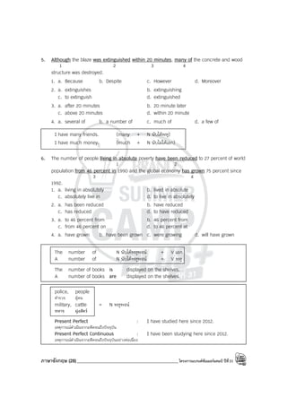 ภาษาอังกฤษ (28)_____________________________________________โครงการแบรนด์ซัมเมอร์แคมป์ ปีที่31
5. Although the blaze was extinguished within 20 minutes, many of the concrete and wood
1 2 3 4
structure was destroyed.
1. a. Because b. Despite c. However d. Moreover
2. a. extinguishes b. extinguishing
c. to extinguish d. extinguished
3. a. after 20 minutes b. 20 minute later
c. above 20 minutes d. within 20 minute
4. a. several of b. a number of c. much of d. a few of
I have many friends. (many + N นับได้พหู)
I have much money. (much + N นับไม่ได้เอก)
6. The number of people living in absolute poverty have been reduced to 27 percent of world
1 2
population from 46 percent in 1990 and the global economy has grown 75 percent since
3 4
1992.
1. a. living in absolutely b. lived in absolute
c. absolutely live in d. to live in absolutely
2. a. has been reduced b. have reduced
c. has reduced d. to have reduced
3. a. to 46 percent from b. 46 percent from
c. from 46 percent on d. to 46 percent at
4. a. have grown b. have been grown c. were growing d. will have grown
The number of N นับได้พหูพจน์ + V เอก
A number of N นับได้พหูพจน์ + V พหู
The number of books is displayed on the shelves.
A number of books are displayed on the shelves.
police, people
ตํารวจ ผู้คน
military, cattle = N พหูพจน์
ทหาร ฝูงสัตว์
Present Perfect : I have studied here since 2012.
เหตุการณ์ดําเนินจากอดีตจนถึงปัจจุบัน
Present Perfect Continuous : I have been studying here since 2012.
เหตุการณ์ดําเนินจากอดีตจนถึงปัจจุบันอย่างต่อเนื่อง
 