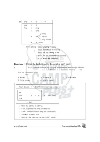 ภาษาอังกฤษ (44)_____________________________________________โครงการแบรนด์ซัมเมอร์แคมป์ ปีที่31
10. prep + S + V
prep + S
Prep + Ving
+ N/วลี
Ving
+ N Ved/3
Adj Phrase
+ N clause
: We’re talking about smoking in teens.
about bad effects of smoking.
about the boy smiling to me.
about the boy punished this morning.
about where we should go.
Directions : Choose the best alternative to complete each blank.
1. .................... about Emily Dickenson’s psychological and emotional well-being is inferred
ทางจิตวิทยา ทางอารมณ์ ความผาสุก สรุป
from her poems and letters.
กลอน
a. Known b. Knowing is c. To be knowing
d. To be known e. What is known
Noun Clause = เป็นได้ทั้ง ประธานเอกพจน์ & กรรม
wh
that S + V + Vเอก (s/es)
how
= Sเอก
: What she told me is not true.
: I was surprised with what she told me.
: I don’t know the reason why she comes here.
: That KSS is sexy is true.
: Whether she loves me (or not) doesn’t matter.
 