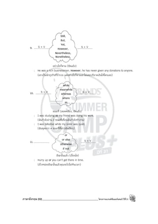 ภาษาอังกฤษ (52)_____________________________________________โครงการแบรนด์ซัมเมอร์แคมป์ ปีที่31
9. .................... ....................
อย่างไรก็ตาม (ขัดแย้ง)
: He was a rich businessman. However, he has never given any donations to anyone.
(เขาเป็นนักธุรกิจที่ร่ํารวย แต่อย่างไรก็ตามเขาไม่เคยบริจาคเงินให้ใครเลย)
10. .................... ....................
ขณะที่ (สอดคล้อง, ขัดแย้ง)
: I was studying as my friend was doing his work.
(ฉันกําลังอ่าน // ขณะที่เพื่อนฉันกําลังทํางาน)
: I was talkative while my sister was quiet.
(ฉันพูดมาก ≠ ขณะที่พี่สาวฉันเงียบ)
11. .................... ....................
มิฉะนั้นแล้ว (เงื่อนไข)
: Hurry up or you can’t get there in time.
(เร็วหน่อยมิฉะนั้นแล้วคุณจะไปไม่ทันเวลา)
S + V
Still,
But,
Yet,
However,
Nevertheless,
Nonetheless,
S + V
S + V
while
meanwhile
whereas
where
as
S + V
or
or else
otherwise
if not
S + V
 
