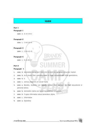ภาษาอังกฤษ (62)_____________________________________________โครงการแบรนด์ซัมเมอร์แคมป์ ปีที่31
เฉลย
Part 1
Paragraph 1
เฉลย 2. D-A-E-B-C
Paragraph 2
เฉลย 1. C-B-D-E-A
Paragraph 3
เฉลย 1. C-B-A-E-D
Paragraph 4
เฉลย 1. D-A-B-E-C
Part 2
Paragraph 1
1. เฉลย b. Generation Alpha born from 2010 to 2025 is a growing consumer market.
2. เฉลย b. As a result, their spending power is huge compared with other generations.
3. เฉลย b. G
4. เฉลย c. various programs on social media
5. เฉลย a. Besides, students can digitally contact their teachers for their educational or
personal advice.
6. เฉลย b. Generation Alpha are becoming potential consumers.
7. เฉลย b. To give information about Generation Alpha.
8. เฉลย c. Informative
9. เฉลย a. Expository
 