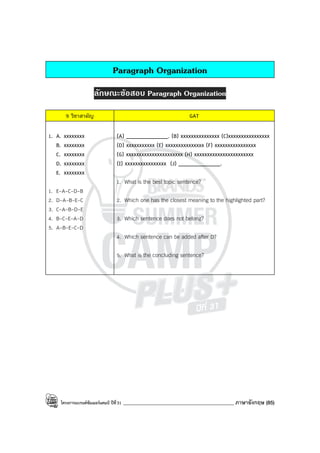 โครงการแบรนด์ซัมเมอร์แคมป์ ปีที่31 ____________________________________________ ภาษาอังกฤษ (85)
Paragraph Organization
ลักษณะขอสอบ Paragraph Organization
9 วิชาสามัญ GAT
1. A. xxxxxxxx
B. xxxxxxxx
C. xxxxxxxx
D. xxxxxxxx
E. xxxxxxxx
1. E-A-C-D-B
2. D-A-B-E-C
3. C-A-B-D-E
4. B-C-E-A-D
5. A-B-E-C-D
(A) ____________. (B) xxxxxxxxxxxxxxx (C)xxxxxxxxxxxxxxxx
(D) xxxxxxxxxxx (E) xxxxxxxxxxxxxxx (F) xxxxxxxxxxxxxxxx
(G) xxxxxxxxxxxxxxxxxxxxxx (H) xxxxxxxxxxxxxxxxxxxxxxx
(I) xxxxxxxxxxxxxxxx (J) ____________.
1. What is the best topic sentence?
2. Which one has the closest meaning to the highlighted part?
3. Which sentence does not belong?
4. Which sentence can be added after D?
5. What is the concluding sentence?
 