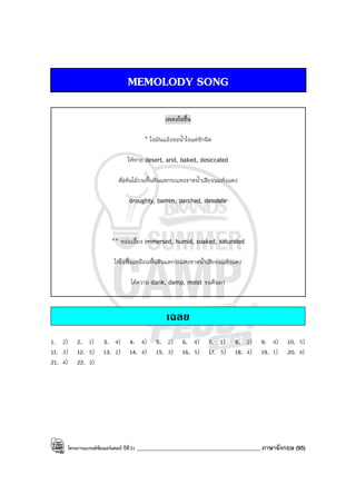 โครงการแบรนด์ซัมเมอร์แคมป์ ปีที่31 ____________________________________________ ภาษาอังกฤษ (95)
MEMOLODY SONG
เพลงใจชื้น
* ใจมันแล้งขอน้ําใจแค่ซักนิด
ให้หาย desert, arid, baked, desiccated
ดังต้นไม้บนพื้นดินแตกระแหงขาดน้ําเสียจนแห้งแดง
droughty, barren, parched, desolate
** หล่อเลี้ยง immersed, humid, soaked, saturated
ให้ใจฟื้นเหมือนพื้นดินแตกระแหงขาดน้ําเสียจนแห้งแดง
ได้ความ dank, damp, moist จนคืนมา
เฉลย
1. 2) 2. 1) 3. 4) 4. 4) 5. 2) 6. 4) 7. 1) 8. 2) 9. 4) 10. 5)
11. 3) 12. 5) 13. 2) 14. 4) 15. 3) 16. 5) 17. 5) 18. 4) 19. 1) 20. 4)
21. 4) 22. 3)
 