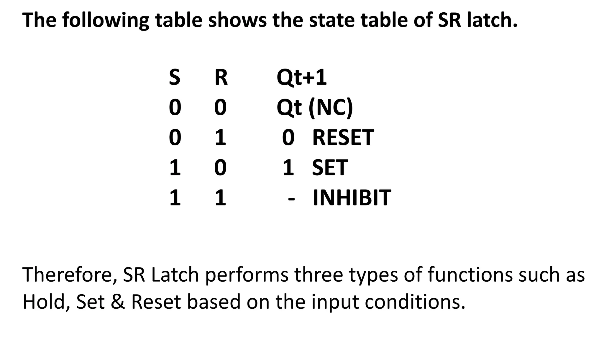 The following table shows the state table of SR latch.
S R Qt+1
0 0 Qt (NC)
0 1 0 RESET
1 0 1 SET
1 1 - INHIBIT
Therefore, SR Latch performs three types of functions such as
Hold, Set & Reset based on the input conditions.
 