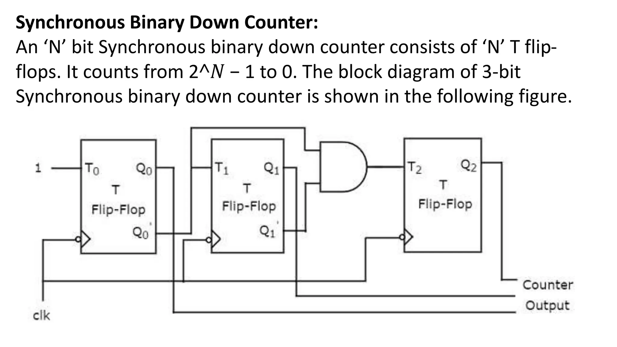 Synchronous Binary Down Counter:
An ‘N’ bit Synchronous binary down counter consists of ‘N’ T flip-
flops. It counts from 2˄𝑁 − 1 to 0. The block diagram of 3-bit
Synchronous binary down counter is shown in the following figure.
 