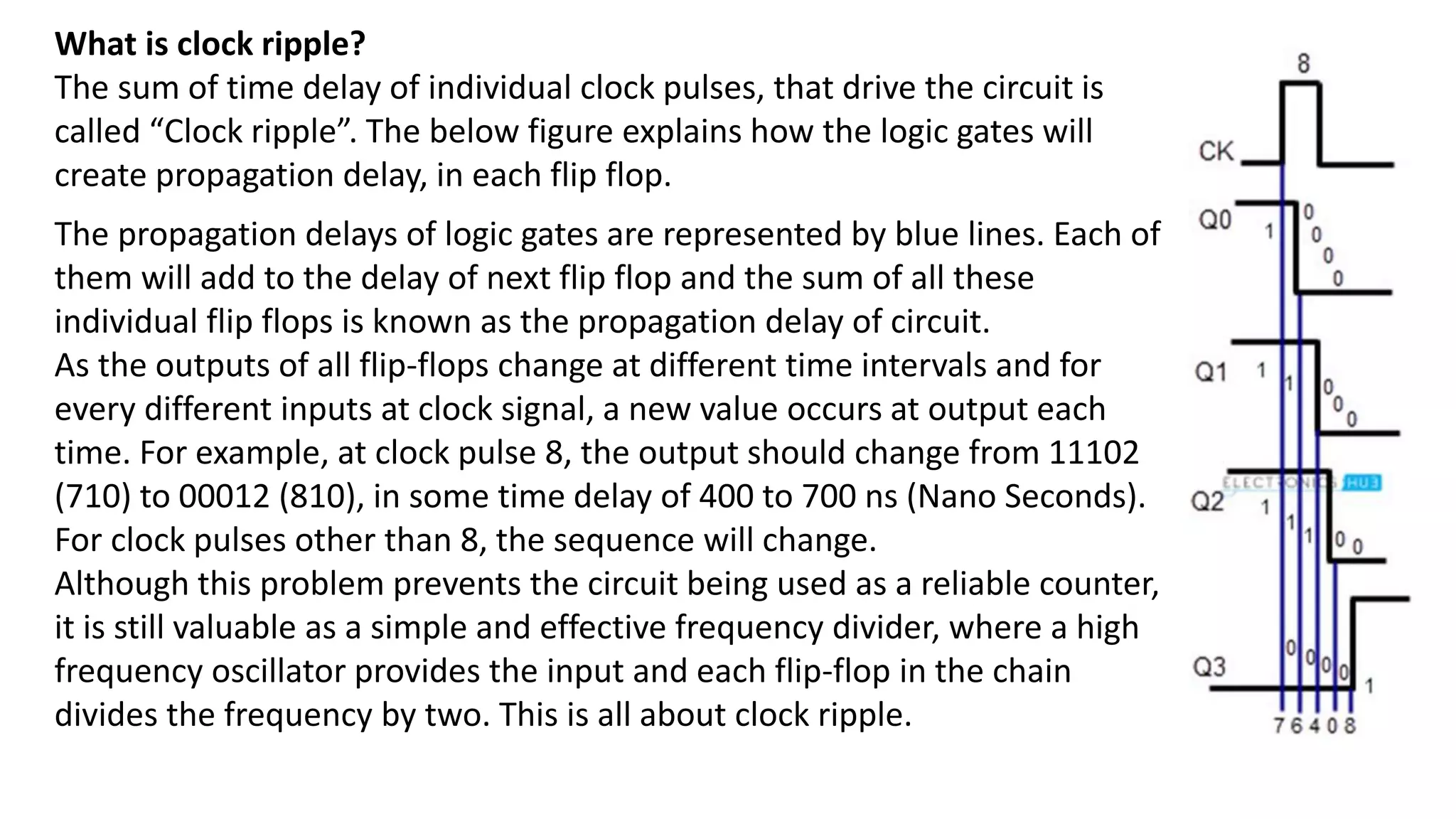 What is clock ripple?
The sum of time delay of individual clock pulses, that drive the circuit is
called “Clock ripple”. The below figure explains how the logic gates will
create propagation delay, in each flip flop.
The propagation delays of logic gates are represented by blue lines. Each of
them will add to the delay of next flip flop and the sum of all these
individual flip flops is known as the propagation delay of circuit.
As the outputs of all flip-flops change at different time intervals and for
every different inputs at clock signal, a new value occurs at output each
time. For example, at clock pulse 8, the output should change from 11102
(710) to 00012 (810), in some time delay of 400 to 700 ns (Nano Seconds).
For clock pulses other than 8, the sequence will change.
Although this problem prevents the circuit being used as a reliable counter,
it is still valuable as a simple and effective frequency divider, where a high
frequency oscillator provides the input and each flip-flop in the chain
divides the frequency by two. This is all about clock ripple.
 