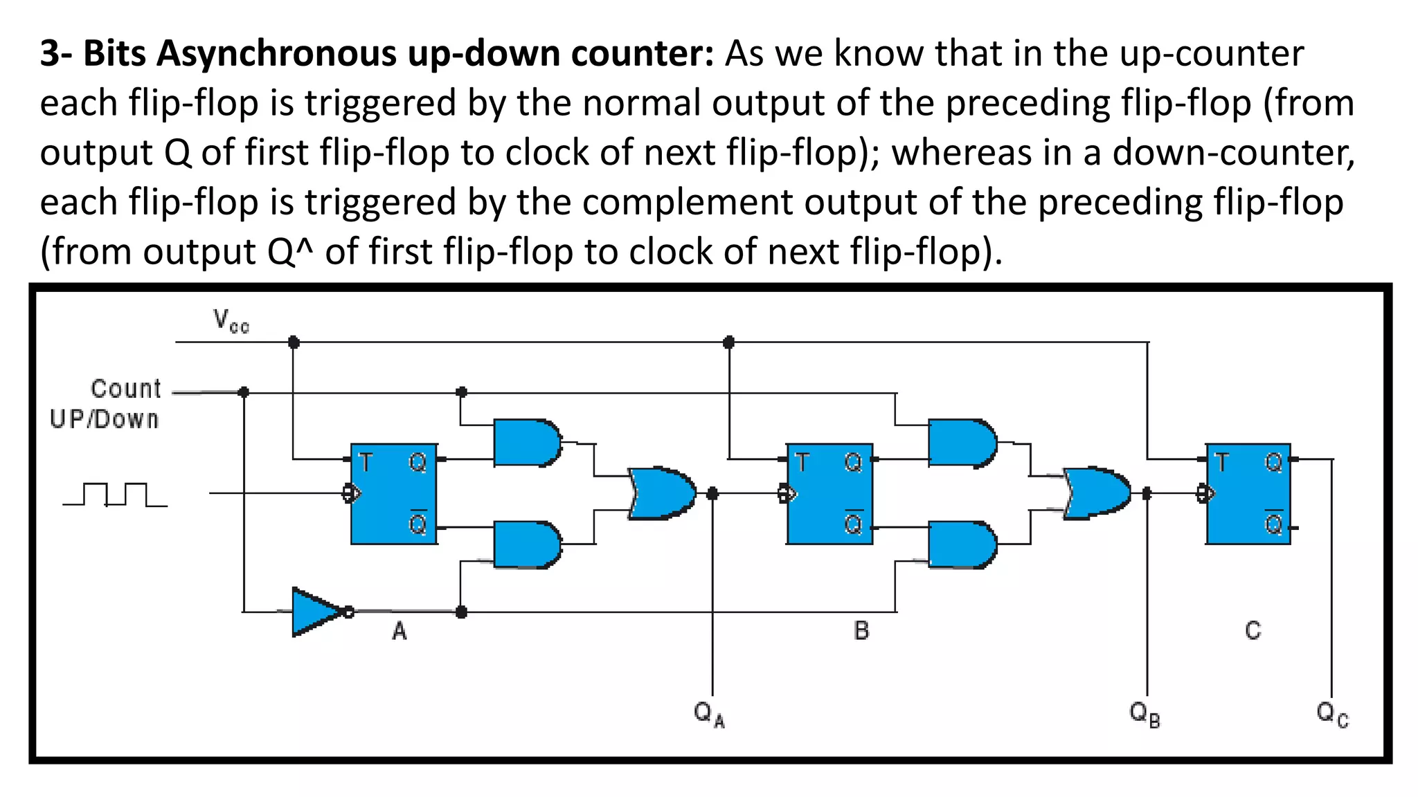 3- Bits Asynchronous up-down counter: As we know that in the up-counter
each flip-flop is triggered by the normal output of the preceding flip-flop (from
output Q of first flip-flop to clock of next flip-flop); whereas in a down-counter,
each flip-flop is triggered by the complement output of the preceding flip-flop
(from output Q^ of first flip-flop to clock of next flip-flop).
 