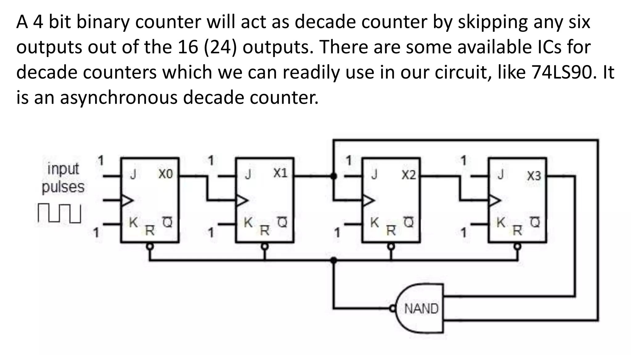 A 4 bit binary counter will act as decade counter by skipping any six
outputs out of the 16 (24) outputs. There are some available ICs for
decade counters which we can readily use in our circuit, like 74LS90. It
is an asynchronous decade counter.
 