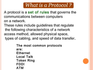 A protocol is a set of rules that governs the
communications between computers
on a network.
These rules include guidelines that regulate
 the following characteristics of a network
access method, allowed physical space,
 types of cabling, and speed of data transfer.
       The most common protocols
       are:
       Ethernet
       Local Talk
       Token Ring
       FDDI
       ATM
 
