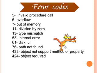 5- invalid procedure call
6- overflow
7- out of memory
11- division by zero
13- type mismatch
53- internal error
61- disk full
76- path not found
438- object not support method or property
424- object required
 