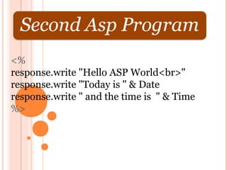 <%
response.write "Hello ASP World<br>"
response.write "Today is " & Date
response.write " and the time is " & Time
%>
 