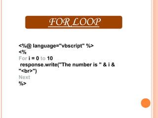 <%@ language="vbscript" %>
<%
For i = 0 to 10
 response.write("The number is " & i &
"<br>")
Next
%>
 