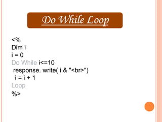 <%
Dim i
i=0
Do While i<=10
 response. write( i & "<br>")
  i=i+1
Loop
%>
 