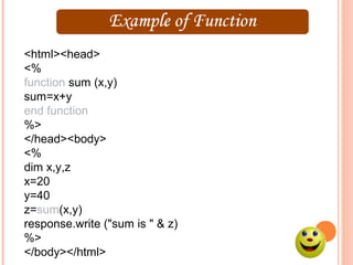 <html><head>
<%
function sum (x,y)
sum=x+y
end function
%>
</head><body>
<%
dim x,y,z
x=20
y=40
z=sum(x,y)
response.write ("sum is " & z)
%>
</body></html>
 