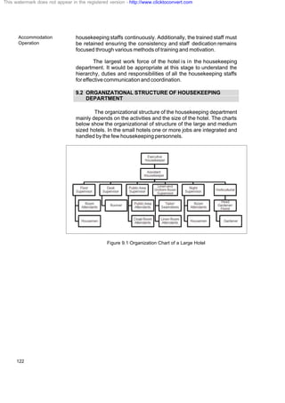 Accommodation
Operation
122
housekeeping staffs continuously. Additionally, the trained staff must
be retained ensuring the consistency and staff dedication remains
focused through various methods of training and motivation.
The largest work force of the hotel is in the housekeeping
department. It would be appropriate at this stage to understand the
hierarchy, duties and responsibilities of all the housekeeping staffs
for effective communication and coordination.
9.2 ORGANIZATIONAL STRUCTURE OF HOUSEKEEPING
DEPARTMENT
The organizational structure of the housekeeping department
mainly depends on the activities and the size of the hotel. The charts
below show the organizational of structure of the large and medium
sized hotels. In the small hotels one or more jobs are integrated and
handled by the few housekeeping personnels.
Figure 9.1 Organization Chart of a Large Hotel
This watermark does not appear in the registered version - http://www.clicktoconvert.com
 
