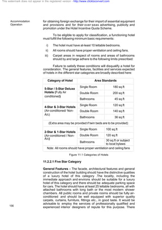 Accommodation
Operation
156
for obtaining foreign exchange for their import of essential equipment
and provisions and for their over seas advertising, publicity and
promotion under the Hotel Incentive Quota Scheme.
To be eligible to apply for classification, a functioning hotel
must fulfill the following minimum basic requirements:
i) The hotel must have at-least 10 lettable bedrooms.
ii) All rooms should have proper ventilation and ceiling fans.
iii) Carpet areas in respect of rooms and areas of bathrooms
should by and large adhere to the following limits prescribed:
Failure to satisfy these conditions will disqualify a hotel for
consideration. The general features, facilities and services expected
of hotels in the different star categories are broadly described here:
Category of Hotel Area Standards
Single Room 180 sq.ft
Double Room 200 sq.ft
5-Star / 5-Star Deluxe
Hotels (Fully Air
conditioned)
Bathrooms 45 sq.ft
Single Room 120 sq.ft
Double Room 140 sq.ft
4-Star & 3-Star Hotels
(Air-conditioned/ Non-
A/c)
Bathrooms 36 sq.ft
(Extra area may be provided if twin beds are to be provided)
Single Room 100 sq.ft
Double Room 120 sq.ft
2-Star & 1-Star Hotels
(Air-conditioned / Non-
A/c)
Bathrooms
30 sq.ft or subject
to local bylaws
Note: All rooms should have proper ventilation and ceiling fans
Figure 11.1 Categories of Hotels
11.2.2.1 Five Star Category
General Features - The facade, architectural features and general
construction of the hotel building should have the distinctive qualities
of a luxury hotel of this category .The locality, including the
immediate approach and environs should be suitable for a luxury
hotel of this category and there should be adequate parking space
for cars. The hotel should have at least 25 lettable bedrooms, all with
attached bathrooms with long bath or the most modern shower
chambers. All public rooms and private rooms should be fully air-
conditioned and should be well equipped with superior quality
carpets, curtains, furniture, fittings etc., in good taste. It would be
advisable to employ the services of professionally qualified and
experienced interior designers of repute for this purpose. There
This watermark does not appear in the registered version - http://www.clicktoconvert.com
 