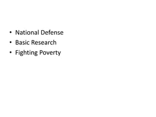 Some Important Public Goods
• National Defense
• Basic Research
• Fighting Poverty
 