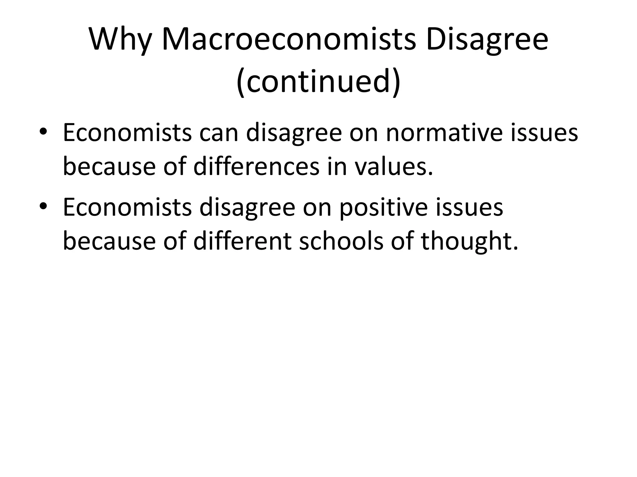 Why Macroeconomists Disagree
(continued)
• Economists can disagree on normative issues
because of differences in values.
• Economists disagree on positive issues
because of different schools of thought.
 