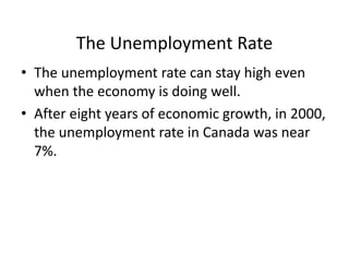 The Unemployment Rate
• The unemployment rate can stay high even
when the economy is doing well.
• After eight years of economic growth, in 2000,
the unemployment rate in Canada was near
7%.
 