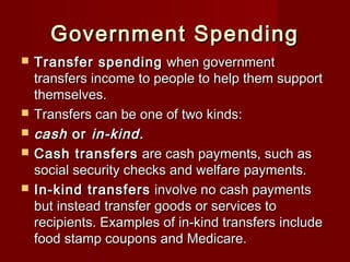 Government SpendingGovernment Spending
 Transfer spendingTransfer spending when governmentwhen government
transfers income to people to help them supporttransfers income to people to help them support
themselves.themselves.
 Transfers can be one of two kinds:Transfers can be one of two kinds:
 cashcash oror in-kind.in-kind.
 Cash transfersCash transfers are cash payments, such asare cash payments, such as
social security checks and welfare payments.social security checks and welfare payments.
 In-kind transfersIn-kind transfers involve no cash paymentsinvolve no cash payments
but instead transfer goods or services tobut instead transfer goods or services to
recipients. Examples of in-kind transfers includerecipients. Examples of in-kind transfers include
food stamp coupons and Medicare.food stamp coupons and Medicare.
 