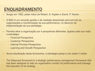 ENQUADRAMENTO
 Surgiu em 1992, pelas mãos de Robert. S. Kaplan e David. P. Norton
 O BSC é um conceito gestão e de medição desenhado para permitir às
organizações a monitorização da sua performance, no decorrer da
implementação da sua estratégia.
 Permite olhar a organização por 4 perspetivas diferentes, ligadas pela sua visão
e estratégia:
 Financial Perspective
 Customer Perspective
 Internal Process Perspective
 Learning and Growth Perspective
 Numa atualização desta ferramenta, a estratégia passa a unir estas 4 visões
 The Balanced Scorecard is a strategic performance management framework that
has been designed to help an organization monitor its performance and manage
the execution of its strategy.
 