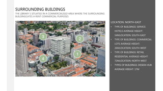 SURROUNDING BUILDINGS
THE LIBRARY S SITUATED IN A COMMERCIALISED AREA WHERE THE SURROUNDING
BUILDINGCATES A RENT COMMERCIAL PURPOSES
LOCATION: NORTH-EAST
• TYPE OF BUILDINGS: SERVICE
HOTELS AVERAGE HEIGHT:
54MLOCATION: SOUTH-EAST
• TYPE OF BUILDINGS: COMMERCIAL
LOTS AVERAGE HEIGHT:
26MLOCATION: SOUTH-WEST
• TYPE OF BUILDINGS: RETAIL
RESIDENTIAL AVERAGE HEIGHT:
72MLOCATION: NORTH-WEST
• TYPES OF BUILDINGS: DESIGN HUB
AVERAGE HEIGHT: 17M
 